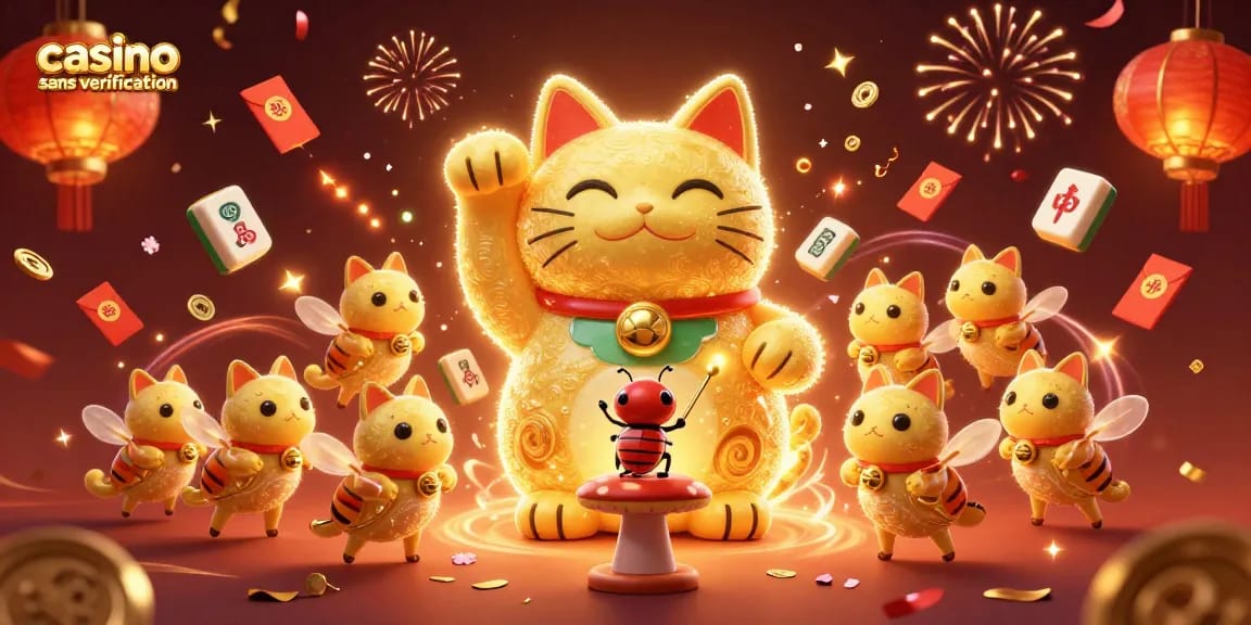 Jouez au casino sans vérification avec des symboles de chance entourés de lumières festives.