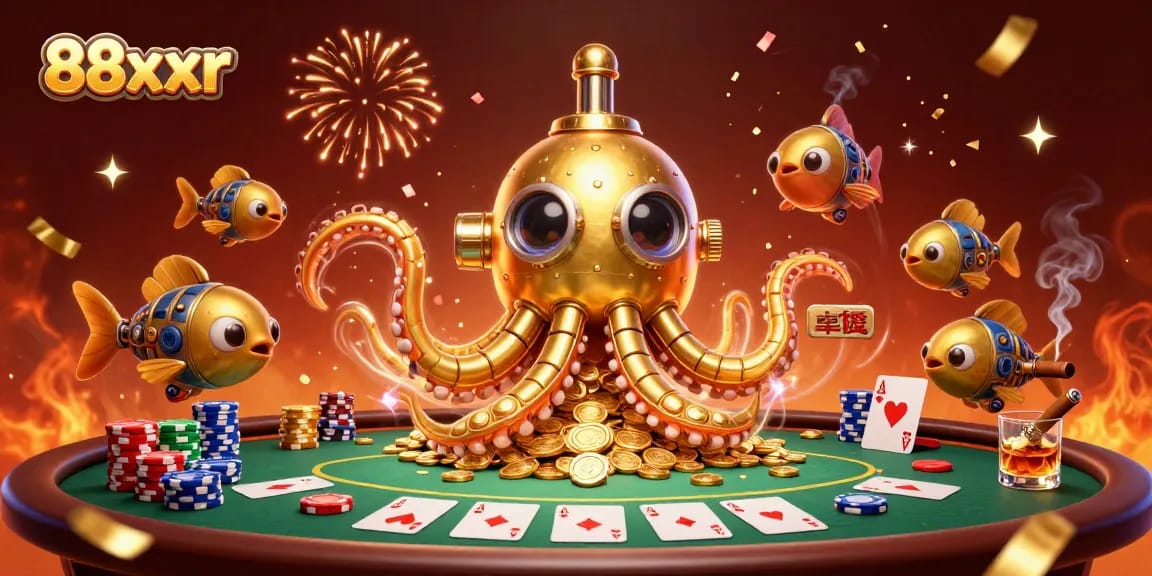 Experience thrilling poker action with the 88xxrr kraken submarine amidst golden coins.