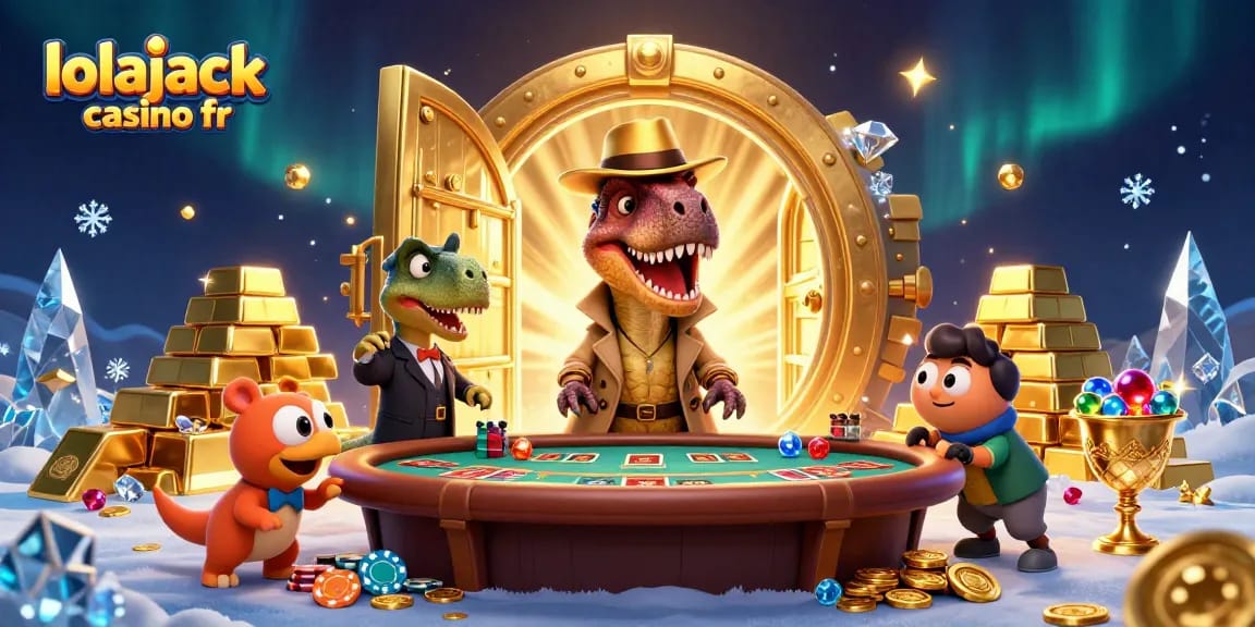 Jouez au Lolajack Casino fr avec un velociraptor en trench coat et un pit boss stégosaure, ambiance de casino riche.