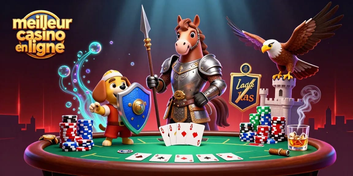 Image dynamique d'un meilleur casino en ligne avec des personnages médiévaux compétitifs jouant au poker.
