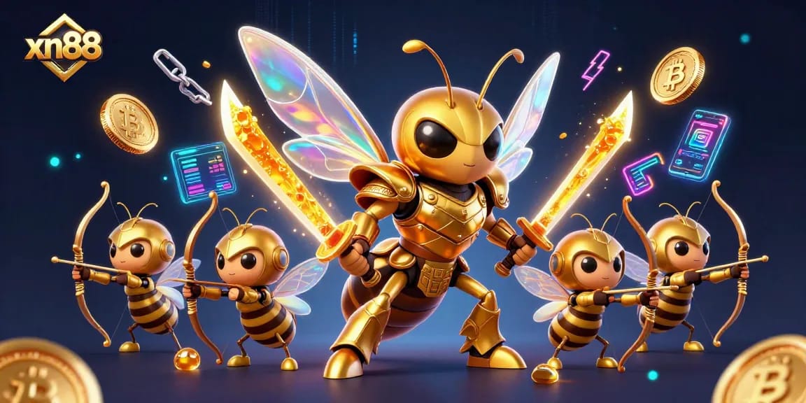 Watch xn88's dynamic gaming scene featuring a golden hornet warrior amidst neon crypto elements.