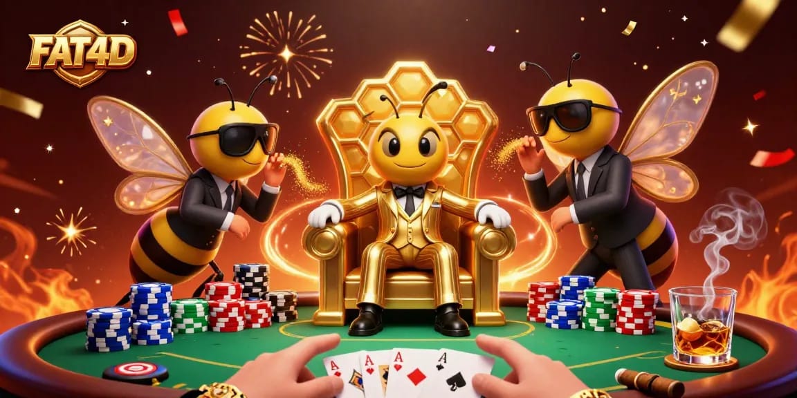Experience FAT4D with a vibrant 3D casino scene featuring a bumblebee mob boss and poker elements.