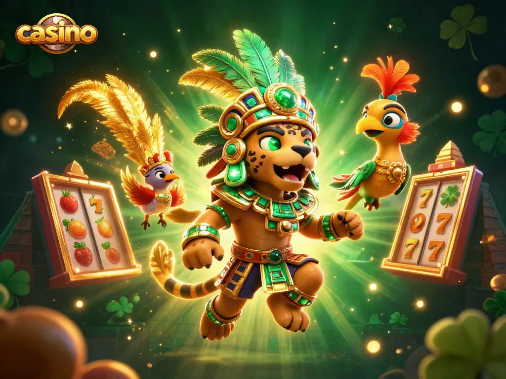 Engage with the vibrant casino scene featuring a Mayan priest and golden elements representing luck and excitement.