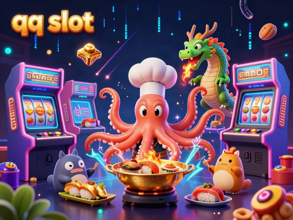 Experience the excitement of qq slot with a sushi chef octopus cooking golden dishes surrounded by vibrant arcade and casino elements.
