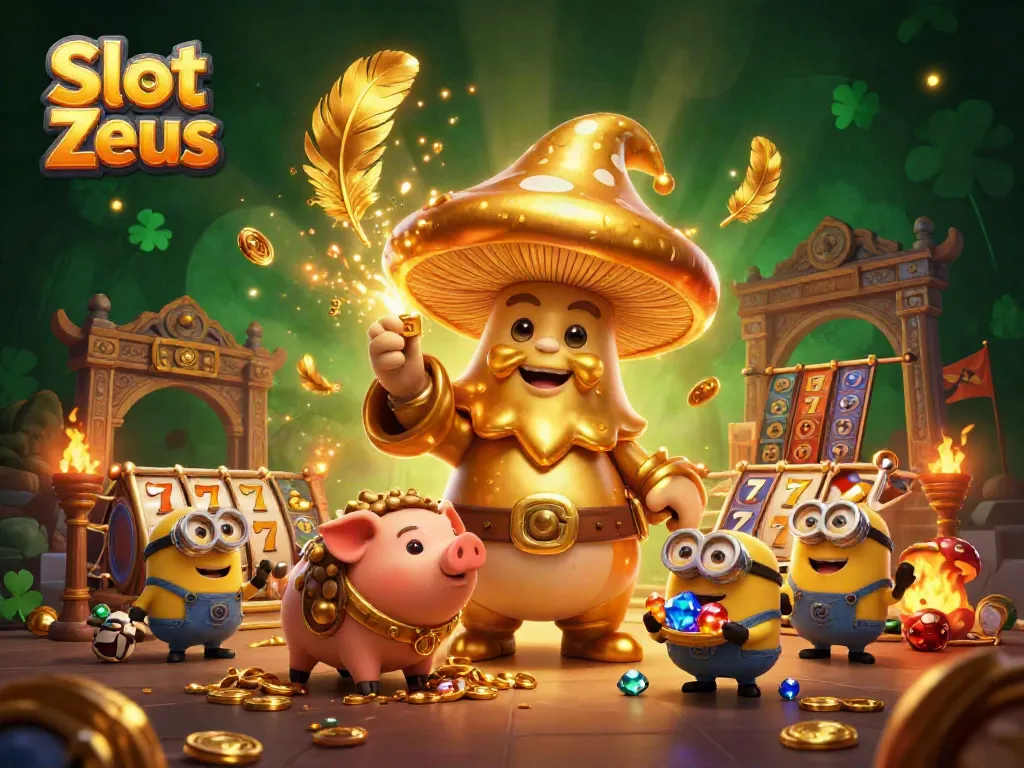 Spin to win with Slot Zeus: dynamic 3D wizard illustration featuring treasures and slot elements.