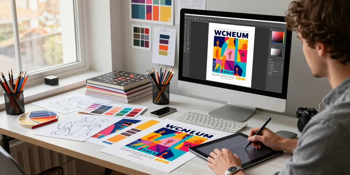 Designer creating vibrant custom poster printing in a modern workspace filled with art supplies and natural light.
