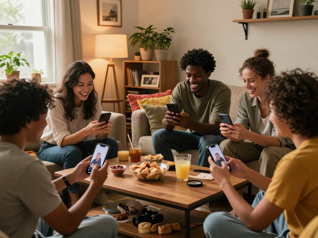 Friends laughing while determining how old do I look through photo analysis in a cozy living room.