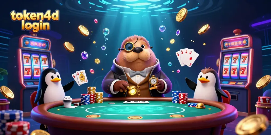Permainan seru di TOKEN4D login dengan karakter lucu dan elemen kasino menarik.