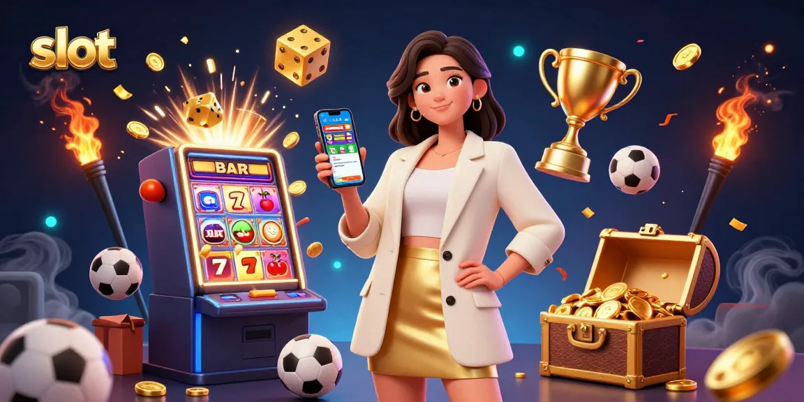 Experience thrilling slot jackpots with an Asian woman playing a mobile casino game surrounded by vibrant elements.