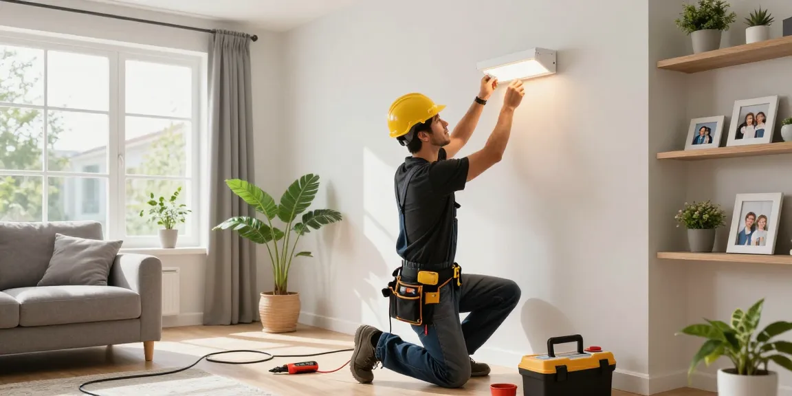 This page highlights a domestic electrician installing modern lighting in a stylish living room, ensuring home safety.