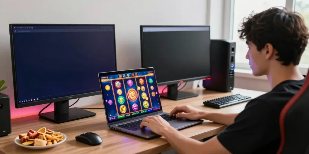 Player enjoying server thailand slot games on a vibrant gaming setup.