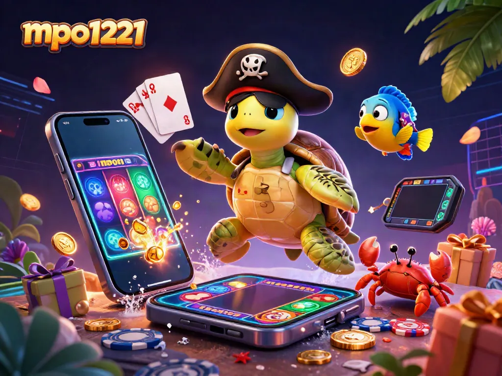 Engage with exciting slot games on mpo1221 alongside a pirate turtle, crab, and treasure.