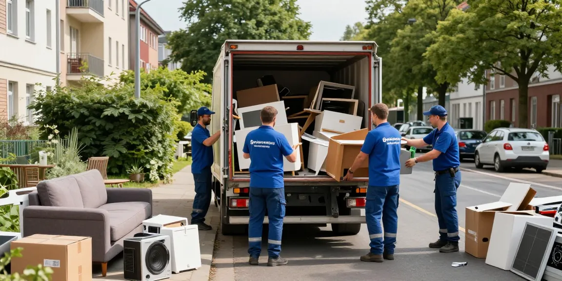 Sperrmüllabholung 80 Euro Berlin - Efficient waste collection service team in action loading discarded furniture in a vibrant urban setting.