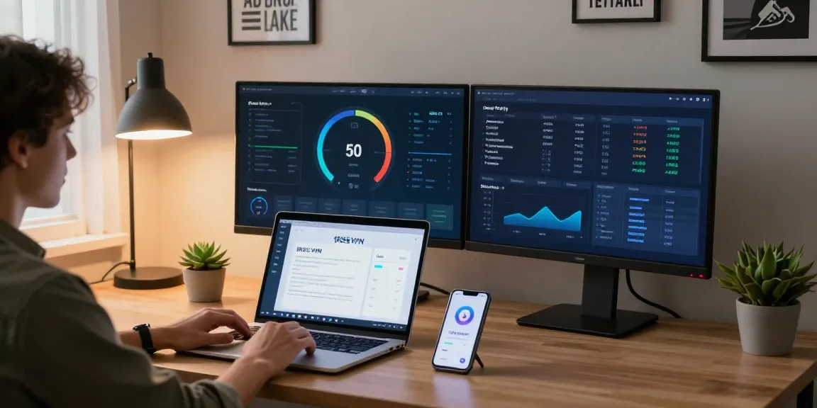 Efficient workspace showcasing 快连 VPN connection with productivity-oriented tech setup.