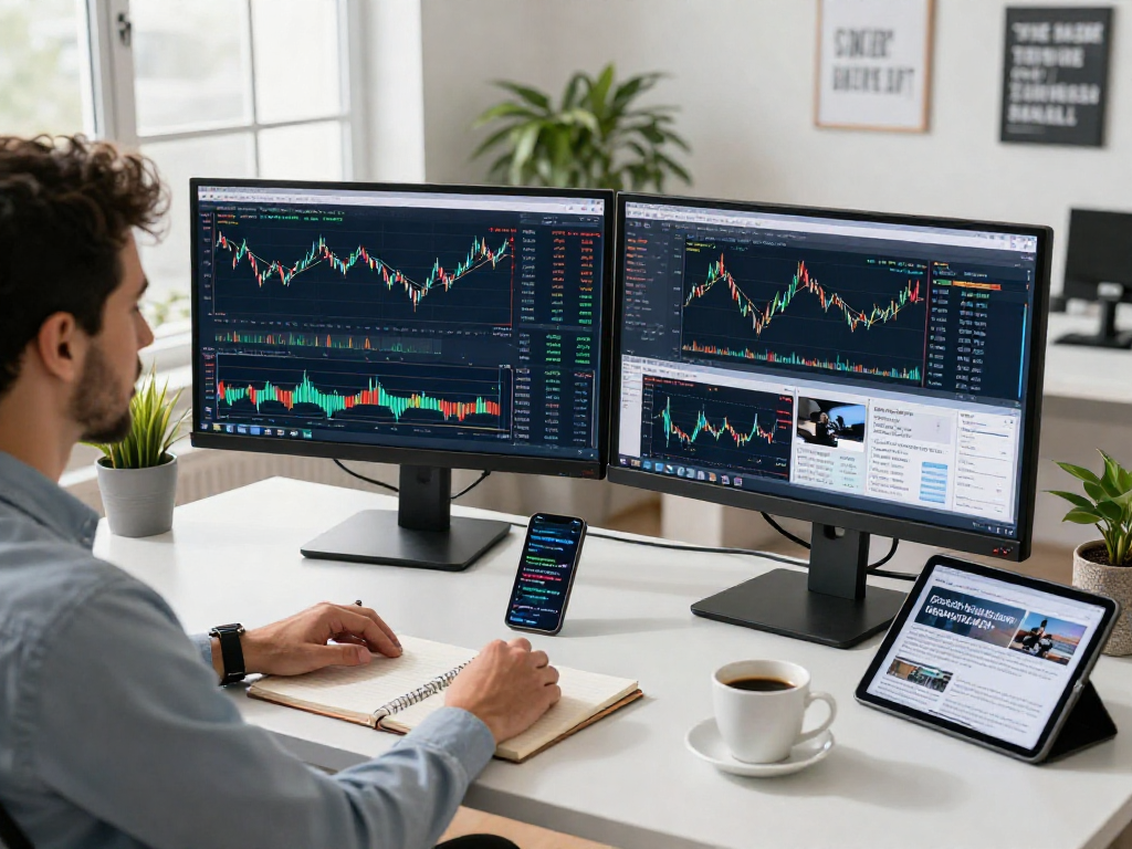 Trader using metatrader 5 in a modern office, analyzing financial charts and data.