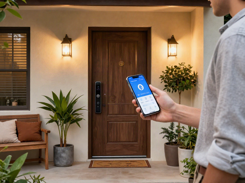 خرید قفل هوشمند showcased with a stylish front door and modern lock technology.
