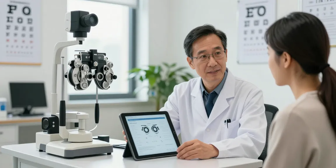 Ophthalmologist Dr. Tong Man Kit consulting with a patient in a bright clinic, emphasizing vision health.
