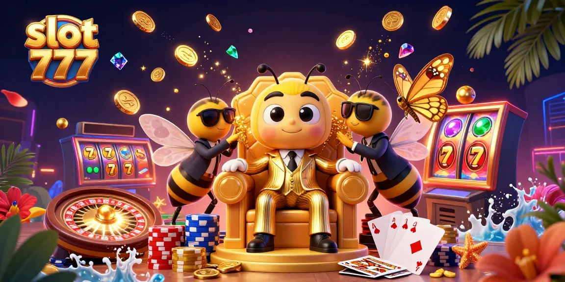 Play slot 777 with cartoon characters in a vibrant casino scene filled with golden coins and jewels.