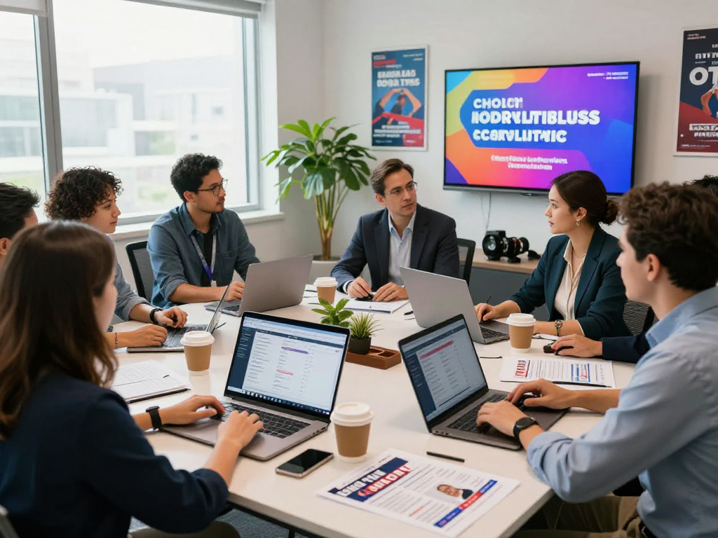 Team collaborating on political OTT advertising strategies in a modern office setting with dynamic data presentations.