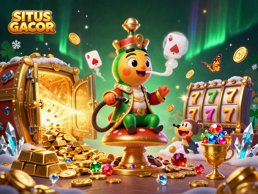 SITUS GACOR illustration with a cartoon caterpillar hookah-master amidst vibrant casino elements and gems.