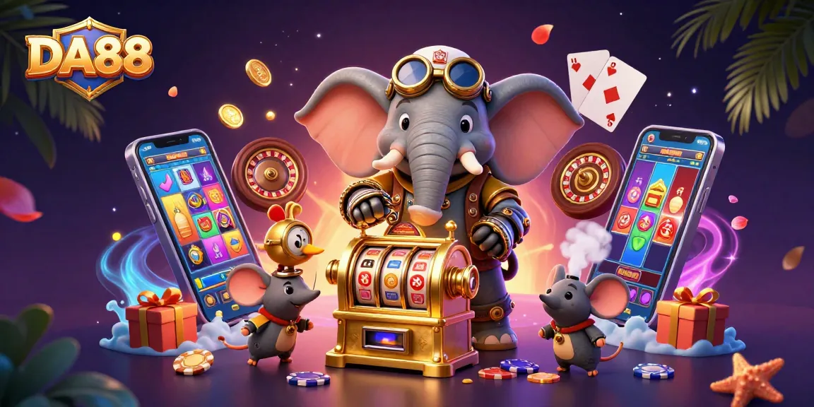 Engage with DA88's captivating gaming atmosphere through a vibrant scene of a steampunk elephant operating a slot machine.