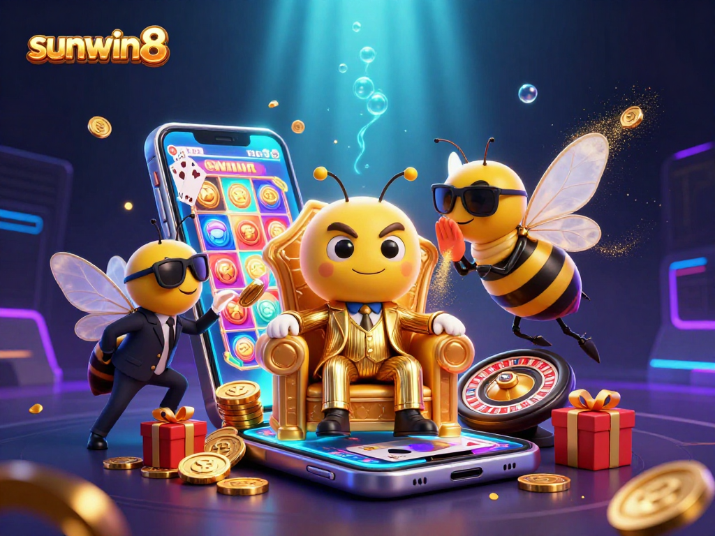 Win big with sunwin8 in a vibrant casino scene featuring a bumblebee mob boss and game elements.