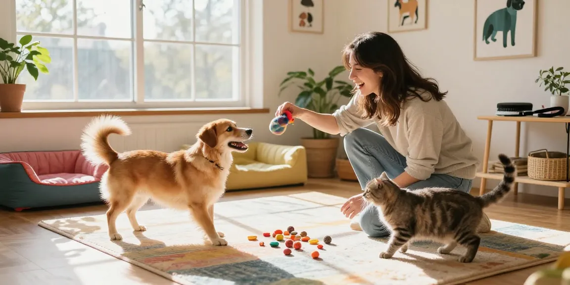 Dog and cat playing with owner in bright home, highlighting NAGA2000 pet care tips.