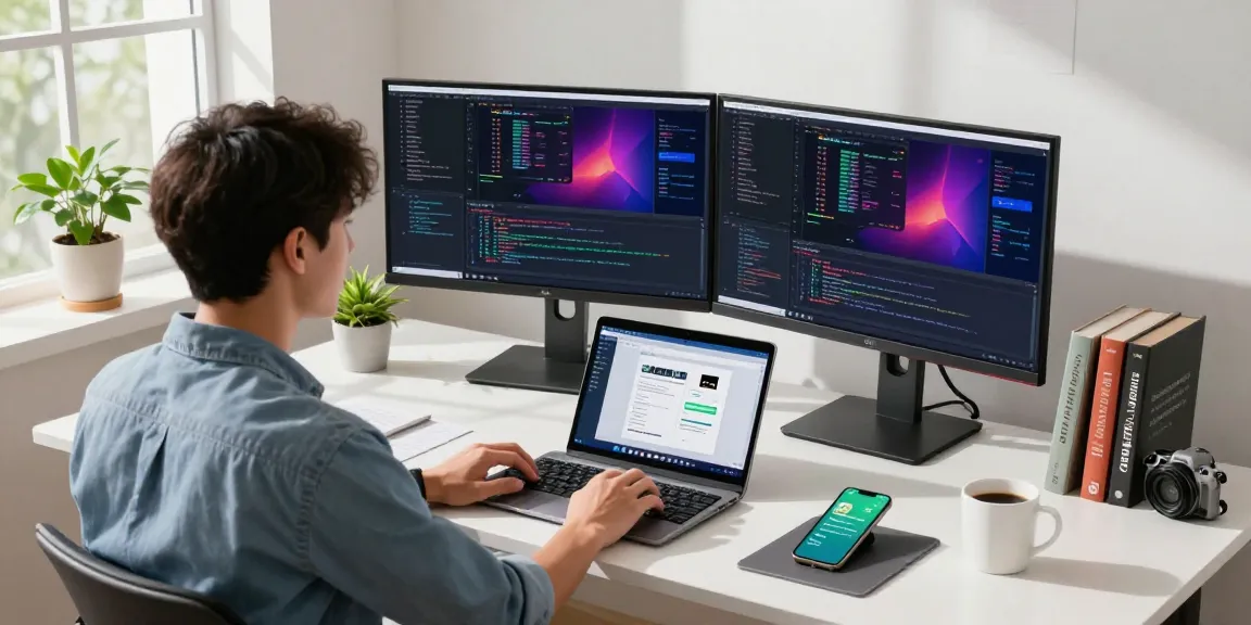 Developer using WhatsApp網頁版 in a modern tech workspace with dual monitors and coding environment.