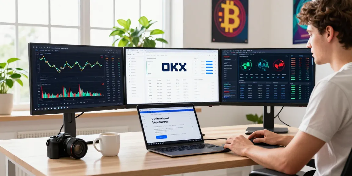 Professional trading setup for the okx exchange featuring multiple monitors and motivational decor.