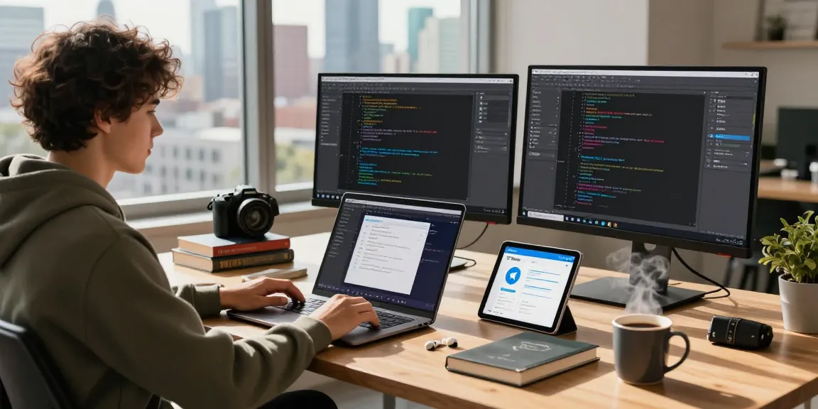 Developer showcasing 纸飞机中文版 in a tech workspace, integrating coding, design, and modern devices for optimal productivity.