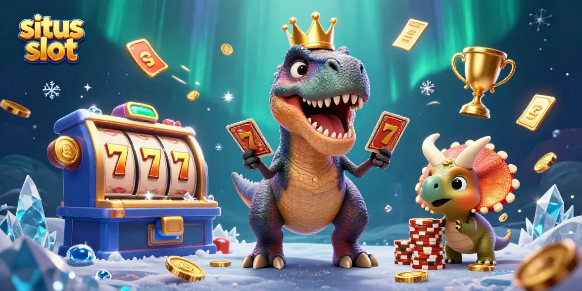 Situs slot-themed illustration featuring a T-Rex shuffling cards with a pterodactyl assistant and a triceratops stacking chips