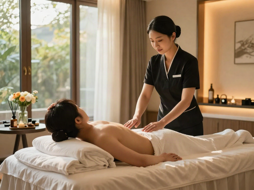 브라보출장 service in a luxurious hotel room with relaxing ambiance.