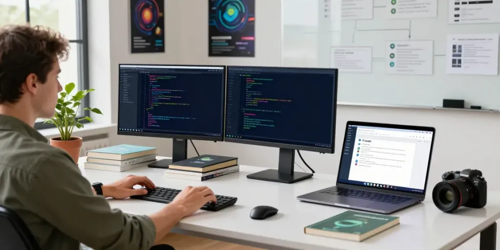 Developer reviewing free Android apps on h5.2113.net in a modern workspace