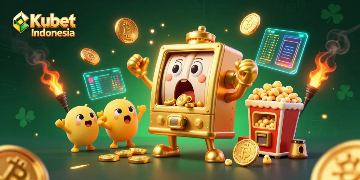 Kubet Indonesia, mesin slot emas ceria yang mengejutkan saat jackpot, dikelilingi koin digital dan elemen permainan.
