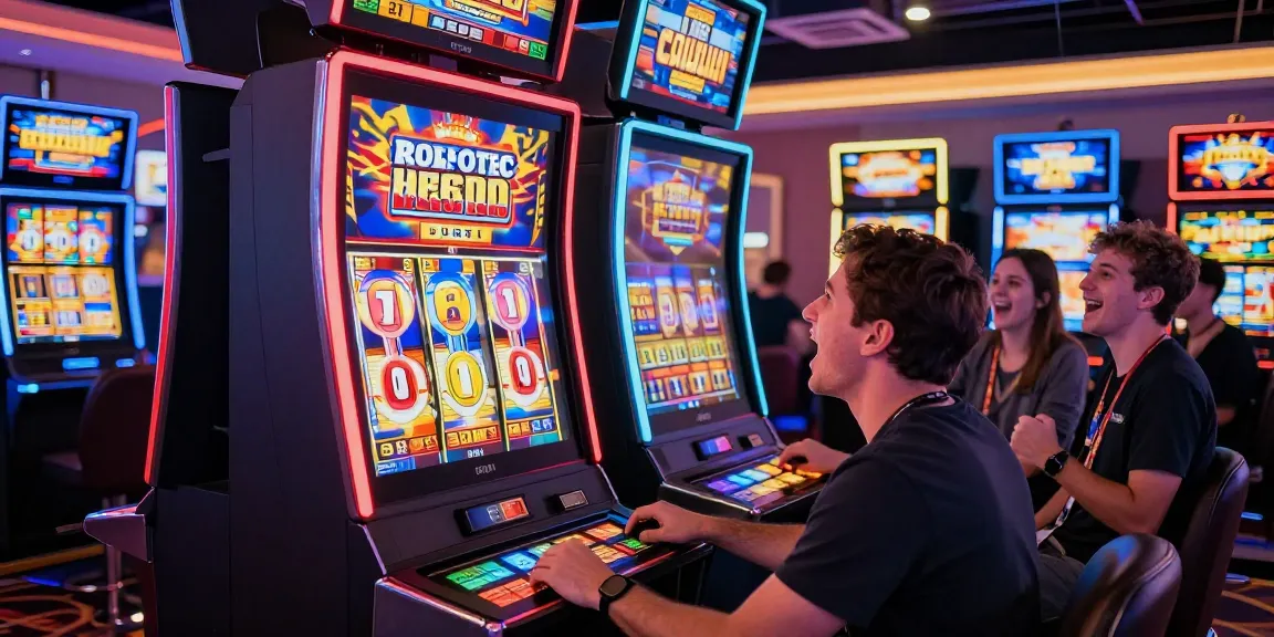 Player enjoying a thrilling moment at a slot machine in a vibrant casino.