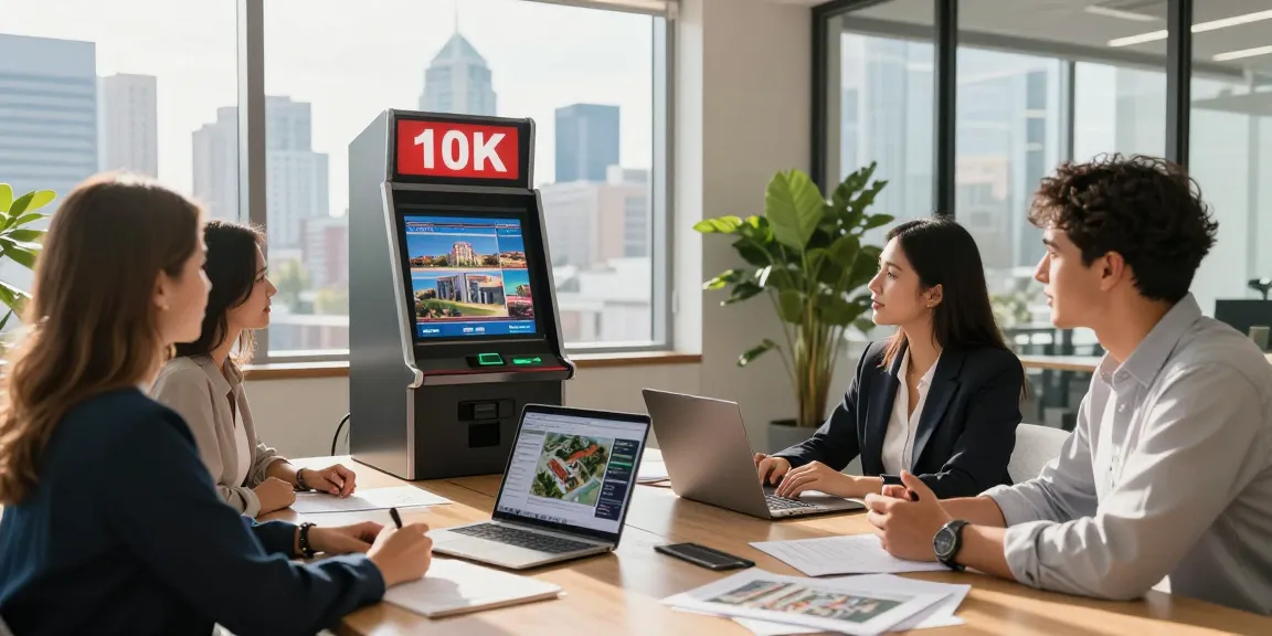 Real estate agent discussing slot 10k investment model with clients at a modern conference table.