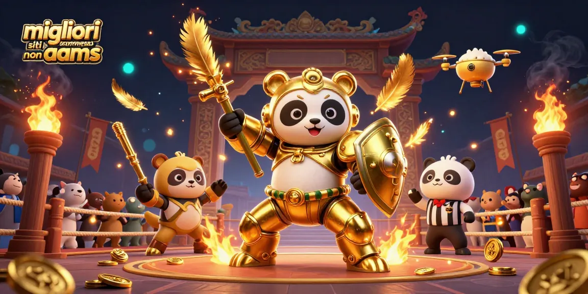 Giocando sui migliori siti scommesse non AAMS, panda dorato pilota un robot da combattimento in un'arena affollata.