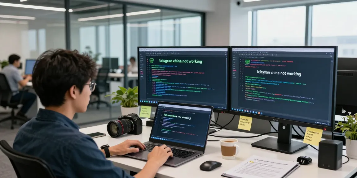 Person troubleshooting telegram china not working in modern tech workspace with dual monitors.