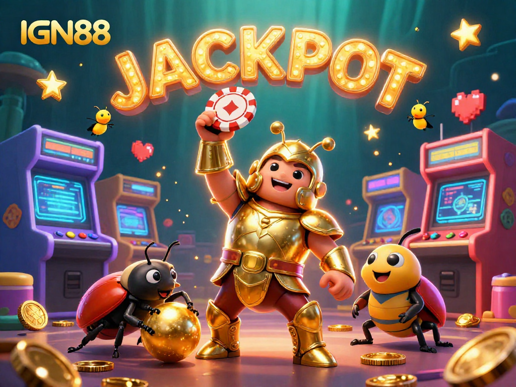 Win big at IGN88 with a vibrant 3D illustration of a gladiator beetle and gaming elements