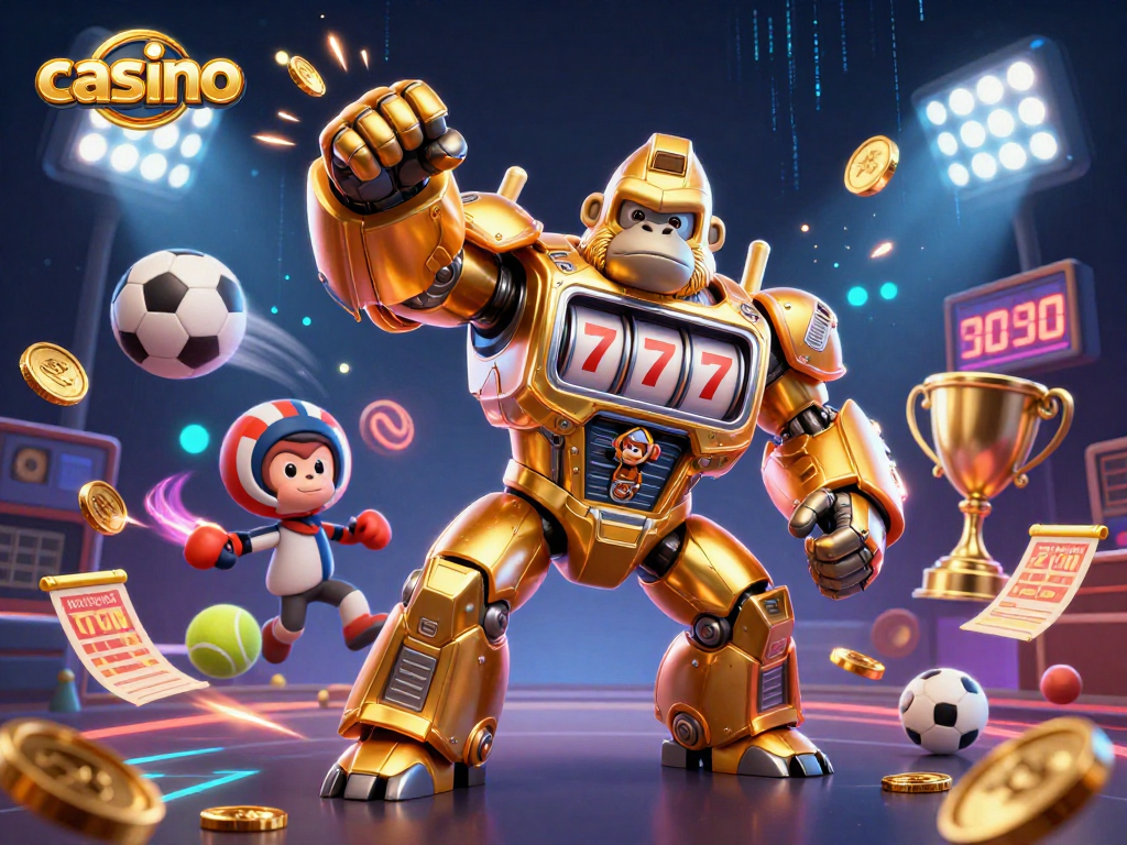Engaging casino scene with a golden mech and sports elements showcasing dynamic gaming action