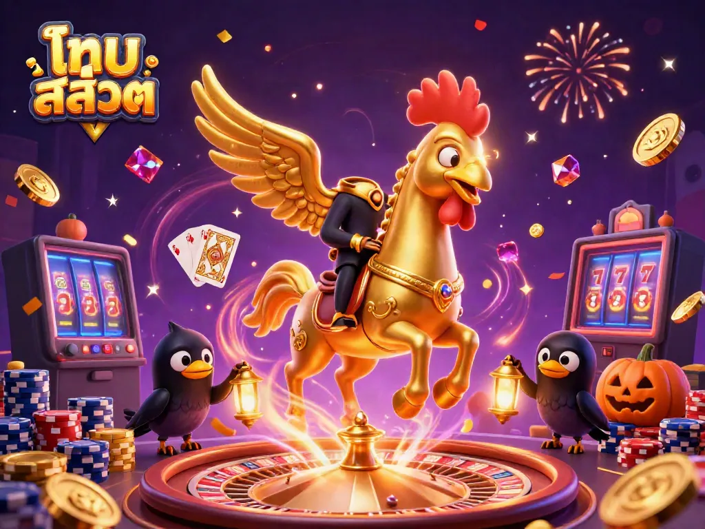 Experience the thrill of ไทย สล็อต with a golden rooster and crow companions amidst a vibrant casino.