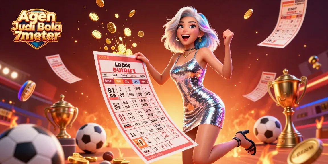 Agen Judi Bola 7meter showcases a vibrant and celebratory sports betting scene featuring an Asian woman winning with betting slips.