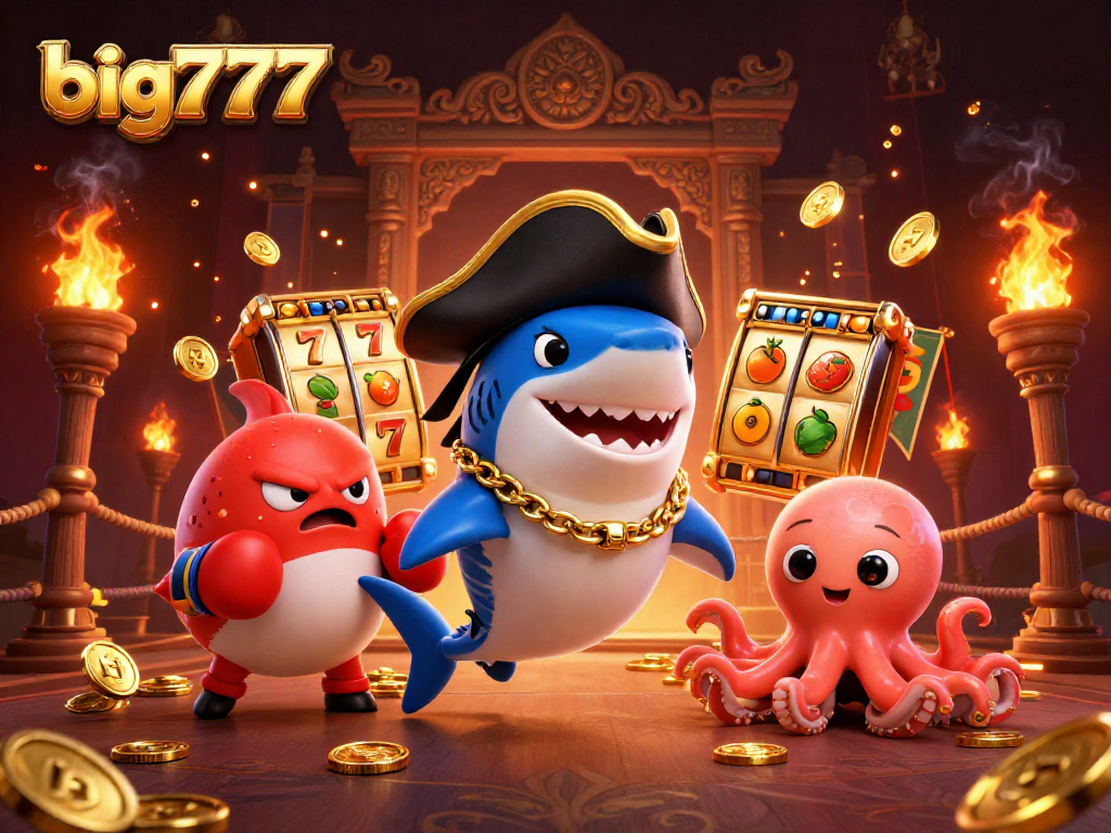 Engage in thrilling slots action with big777's cartoon pirate shark, dynamic scene with rich details.