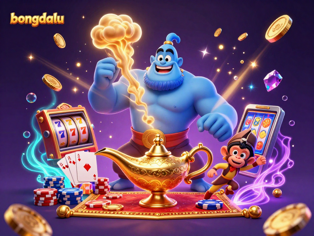 Bongdalu features a dynamic gambling scene with a genie and treasures spilling out in a vibrant casino atmosphere.
