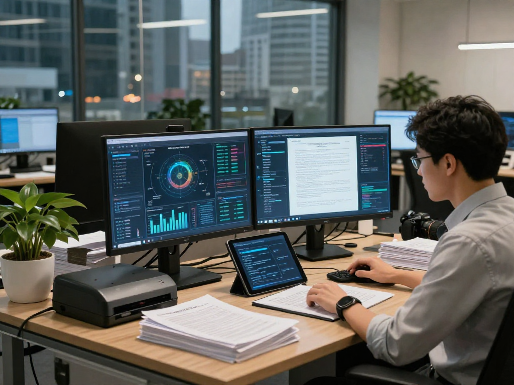 Focused compliance officer engaged in document fraud detection analysis with high-tech tools and digital displays.