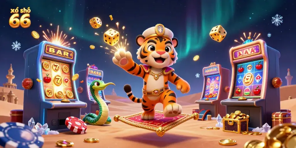 Experience the excitement of xổ số 66 with vibrant casino elements bursting around a magical scene.