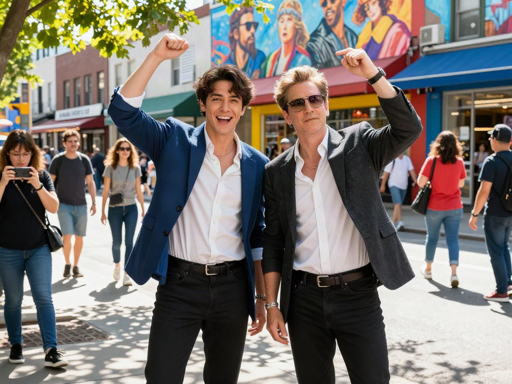 Two people who look alike celebrities posing together in an urban street scene.