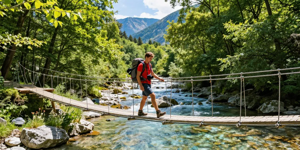 Hiker crossing a River Rope Bridge surrounded by a lush forest and mountains, capturing the adventure spirit.