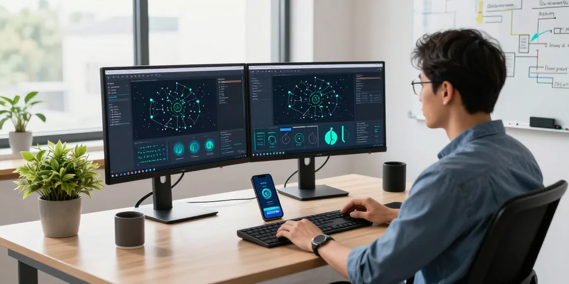 快连 software developer optimizing network performance in a modern office setting with dual monitors and natural light.