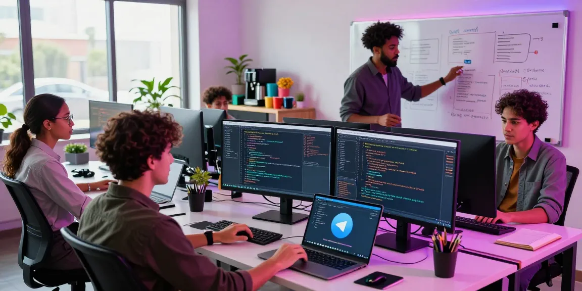 Developers collaborating on Telegram China bots in a vibrant workspace.
